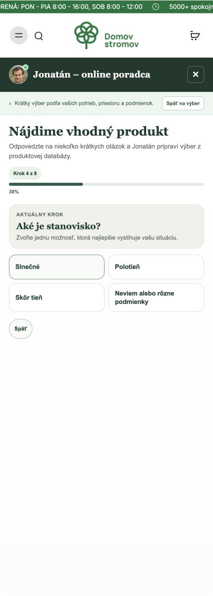 Mobilná verzia e-shopu Domov stromov s otvoreným Jonatánom v kroku 4 z 8, ktorý sa pýta na stanovisko